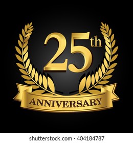25th golden anniversary logo with ring and ribbon, laurel wreath vector design isolated on black background