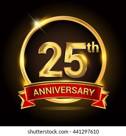 25th golden anniversary logo with ring and red ribbon isolated on black background, vector design for birthday celebration, marriage, corporate, and your business.