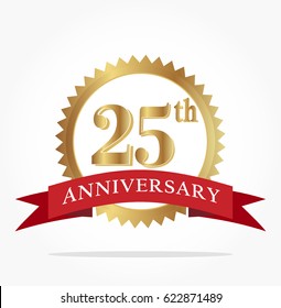 25th golden anniversary logo vector with red ribbon and shadow effect