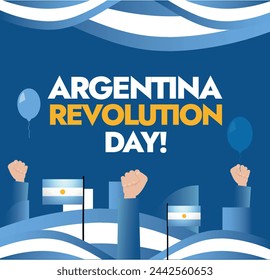 25 de mayo, Día de la Revolución Argentina. Bandera Argentina bandera de color o poste para la celebración con globos de puños y formas retro modernas. Argentina Celebration: Publicación moderna y decente en medios sociales