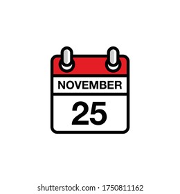 25th of November flat day of the month calendar icon. Date and time schedule concept. Vector illustration design