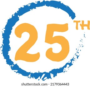 25. Ordnungszahl, die gelbe, blaue Vektorgrafik mit erstaunlicher Schriftart zählt