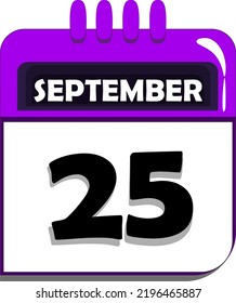 25th of September. calendar with date number twenty five, twenty-fifth day of september, month of september