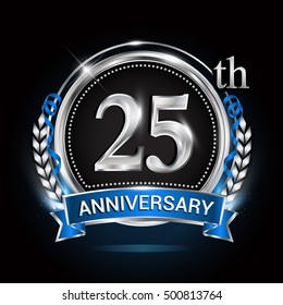 25th silver anniversary logo with blue ribbon and ring.