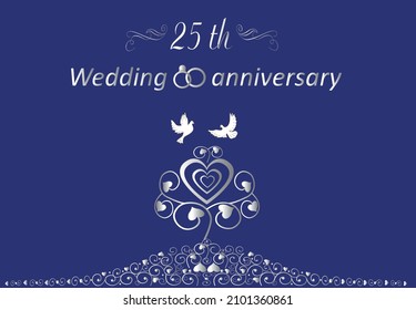 25. Silberhochzeit süße Jubiläumskarte. Hochzeitsringe und -herzen. Zwei Tauben und ein abstrakter Baum von Herzen und Mustern. Einladungen zum Hochzeitstag. Grafische Abbildung. Farbverlauf 