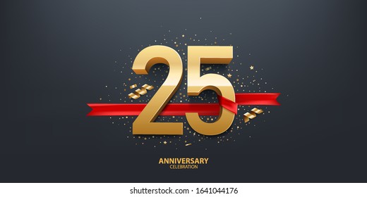 25th Year anniversary celebration background. 3D Golden number wrapped with red ribbon and confetti on black background.