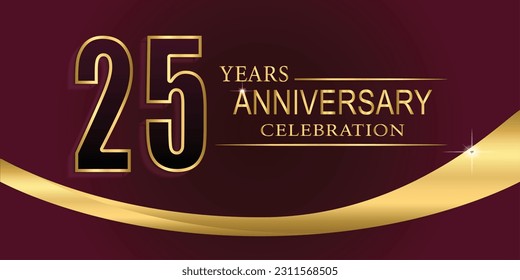 25th Year anniversary celebration background. Golden lettering and a gold ribbon on dark background,vector design for celebration, invitation card, and greeting card.