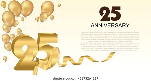 25th Year anniversary celebration background. 3D Golden numbers with bent ribbon, confetti and balloons.