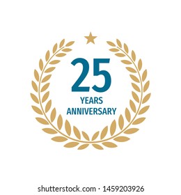 25th years anniversary badge design with a laurel wreath. Twenty five years birthday logo emblem. 