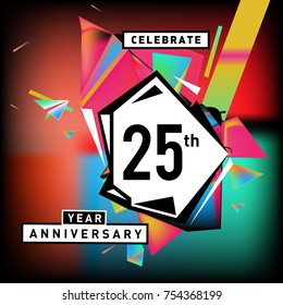 25th years anniversary card with colorful background. Twenty five years birthday logo on geometric colorful background