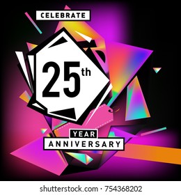 25th years anniversary card with colorful background. Twenty five years birthday logo on geometric colorful background