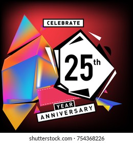 25th years anniversary card with colorful background. Twenty five years birthday logo on geometric colorful background