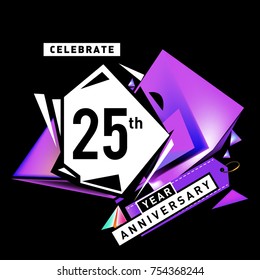 25th years anniversary card with colorful background. Twenty five years birthday logo on geometric colorful background