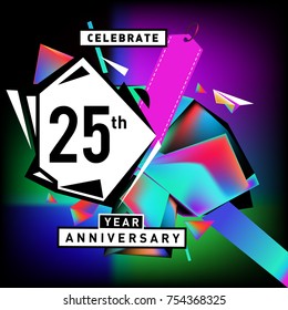 25th years anniversary card with colorful background. Twenty five years birthday logo on geometric colorful background