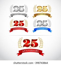 25th Years Anniversary Celebration Design template set on white background. Isolated vector illustration design. Silver, blue, gold, red versions.