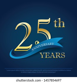 25th years anniversary celebration emblem. anniversary elegance golden logo with blue ribbon on dark blue background, vector illustration template design for celebration greeting and invitation card