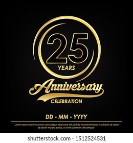 25th years anniversary celebration emblem. anniversary logo with elegance of golden ring on black background, vector illustration template design for celebration greeting card and invitation card