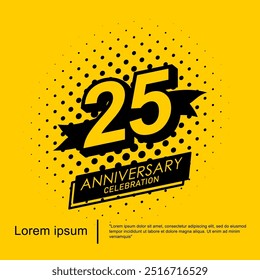 25th years anniversary celebration emblem. black logo isolated with ribbon on yellow background. vector illustration template design for web, flyers, poster, greeting card and invitation card