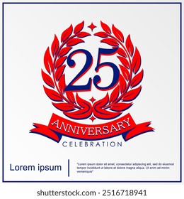 25th years anniversary celebration emblem. anniversary logo isolated with red ribbon and laurel wreath. vector illustration template design for web, flyers, poster, greeting