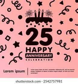 25-jähriges Jubiläums-Emblem Happy-Jubiläums-Logo einzeln Geburtstagskuchen und Kerze mit Konfetti-Linie doodle. Vorlage für Vektorgrafik-Design für Web, Flyer, Poster, Gruß