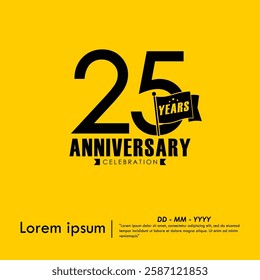 25th years anniversary celebration emblem. anniversary logo isolated with flag pole on yellow background. vector illustration template design for web, flyers, poster, greeting card