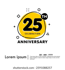 25th years anniversary celebration emblem. anniversary logo badge isolated with liquid organic shapes or irregular round blot form with doodle circle line on white background. vector illustration