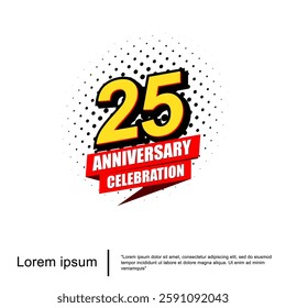 25th years anniversary celebration emblem. anniversary logo isolated with red ribbon on white background. vector illustration template design for web, flyers, poster, greeting card, invitation card 