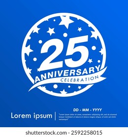 25th years anniversary celebration emblem. white anniversary logo isolated with ribbon and stars ball on blue background. vector illustration template design for web, flyers, poster, greeting card