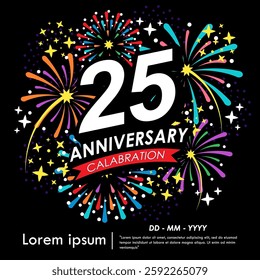 25th years anniversary celebration emblem. anniversary logo isolated with red ribbon, stars and fireworks sparkle twinkle. vector illustration template design for web, flyers, poster, greeting card