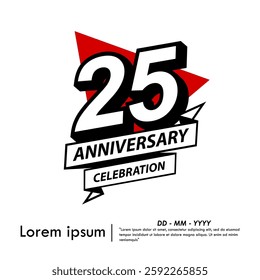 25th years anniversary celebration emblem. black anniversary logo isolated with ribbon and red triangle on white background. vector illustration template design for web, flyers, poster, greeting card