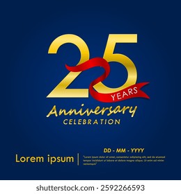25th years anniversary celebration emblem. elegant golden anniversary logo isolated with red ribbon on dark blue background. vector illustration template design for web, flyers, poster, greeting