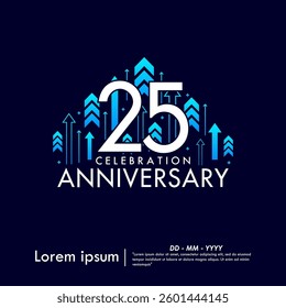25th years anniversary celebration emblem. anniversary logo isolated with arrows up to target on dark blue background. vertical line. vector illustration template design