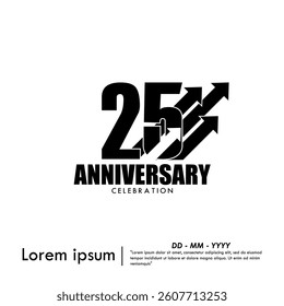 25th years anniversary celebration emblem. anniversary logo isolated with arrow lines growth up to target on white background. vector illustration template design for web, flyers, poster, greeting