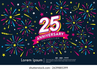 25th years anniversary celebration emblem. congratulations anniversary logo isolated with colorful fireworks and stars sparkle and ribbon. vector illustration template design for web
