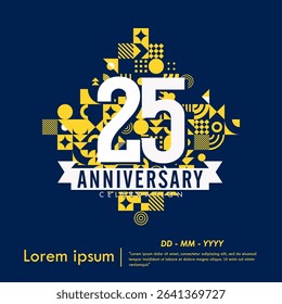 25th years anniversary celebration emblem. congratulations anniversary logo isolated with ribbon and fireworks sparkle on blue background. vector illustration template design for web