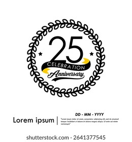 25th years anniversary celebration emblem. congratulation anniversary logo medal isolated with laurel wreath and ribbon on white background. vector illustration template design for web