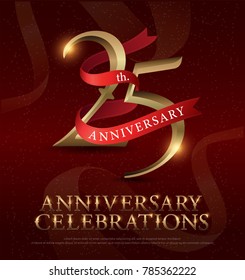 25th years anniversary celebration golden logo with red ribbon on red background. vector illustrator