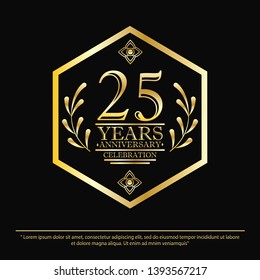 25th years anniversary celebration. anniversary logo with hexagon frame and elegance golden on black background, vector illustration template design for celebration greeting card and invitation card