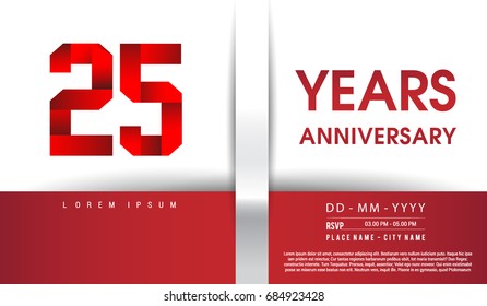 25th Years Anniversary celebration logo, flat design isolated on red and white background, vector elements for banner, invitation card and birthday party.