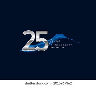 25th Years Anniversary celebration logotype silver colored with blue ribbon and isolated on dark blue background svg
