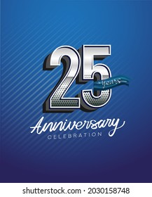 25th years anniversary celebration logotype with silver color and blue ribbon isolated on blue background