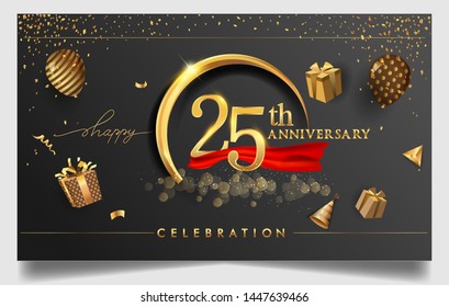 25th years anniversary design for greeting cards and invitation, with balloon, confetti and gift box, elegant design with gold and dark color, design template for birthday celebration.