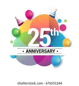 25th years anniversary logo, vector design birthday celebration with colorful geometric, Circles and balloons isolated on white background.