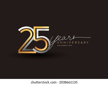 25th years anniversary logotype with multiple line silver and golden color isolated on black background for celebration event. svg