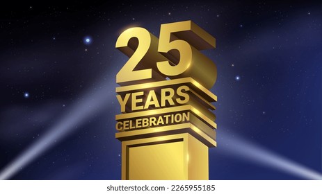 25th Years Celebration, 3D Gold Statue with Spotlights, Luxury Hollywood Light, Vector Illustration