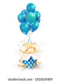 25th years celebrations. Greetings of twenty-five anniversary isolated vector design elements. Open textured gift box with numbers and flying on balloons.