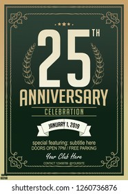 25th-anniversary ornate logo &pattern with ornament, wheat wreath, and ribbon on a colored greenish background. Vintage concept background, art template, retro elements, logo, labels, layout, badge.