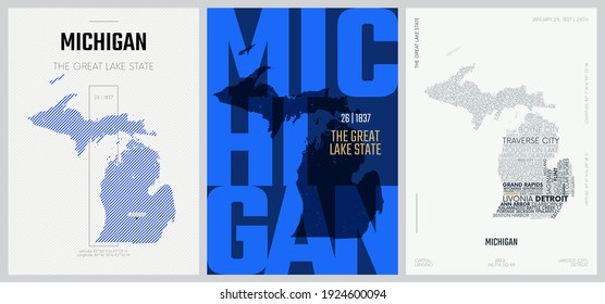 26 of 50 sets, US State Posters with name and Information in 3 Design Styles, Detailed vector art print Michigan map