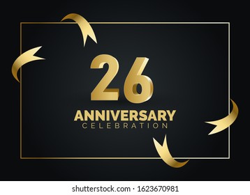 26 Anniversary celebration with gold number on square frame and ribbon background. 