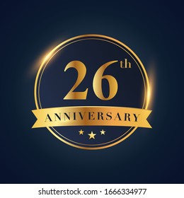 26 anniversary celebration logotype. Golden colored isolated on black blue background, vector design for greeting card and invitation card and celebration event